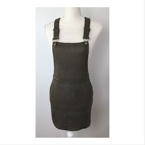Kittenish Overall Dress Small Faux Suede Green Brown Stretch Pocket Skirtall NWT
